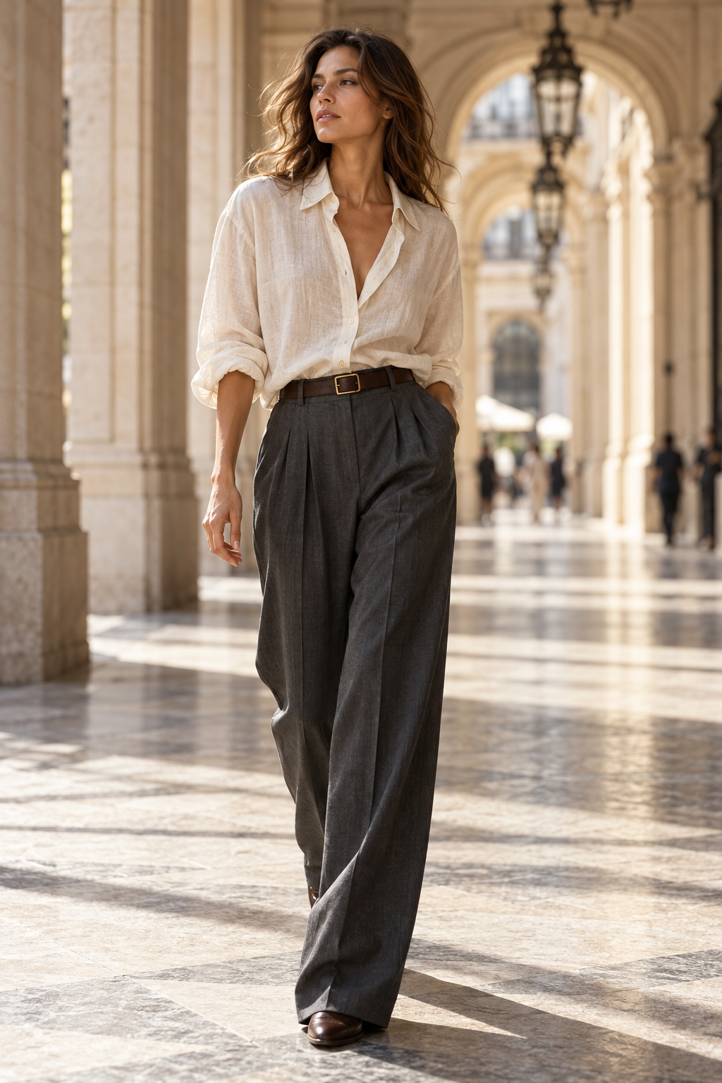 Original fashion concept: a model in a light shirt and relaxed dark trousers