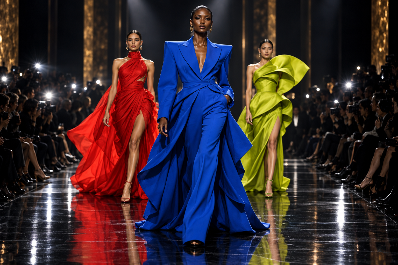 Fictional fashion runway concept with three models in vivid blue, red and lime outfits